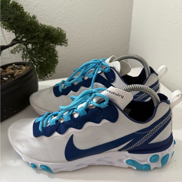 Nike React Element 55 White and Blue Athletic Shoes - Picture 3 of 8